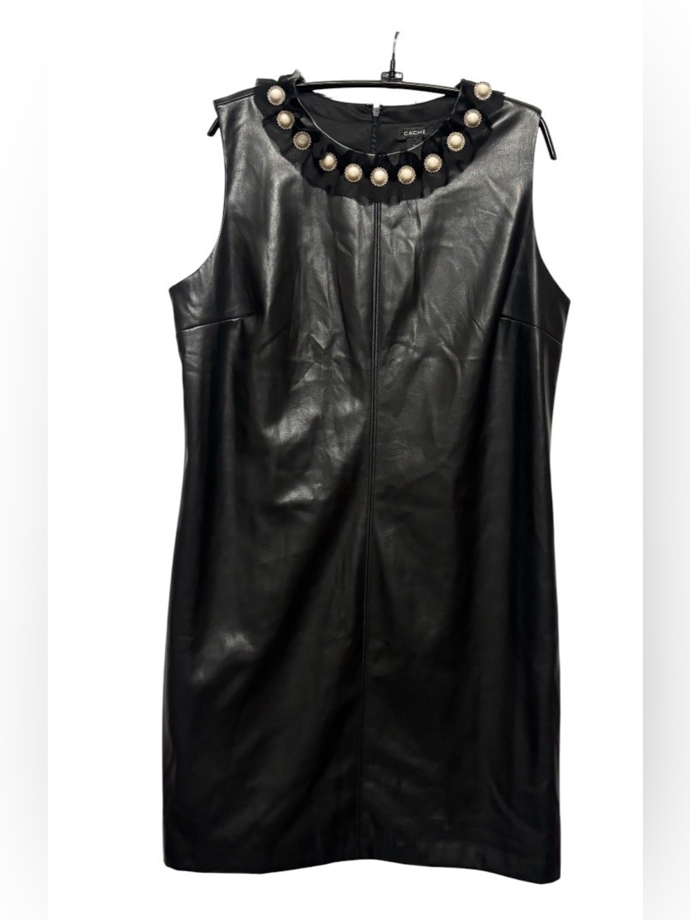 Cache Black Faux Leather Sheath Dress Jeweled Collar Sleeveless Women’s Medium